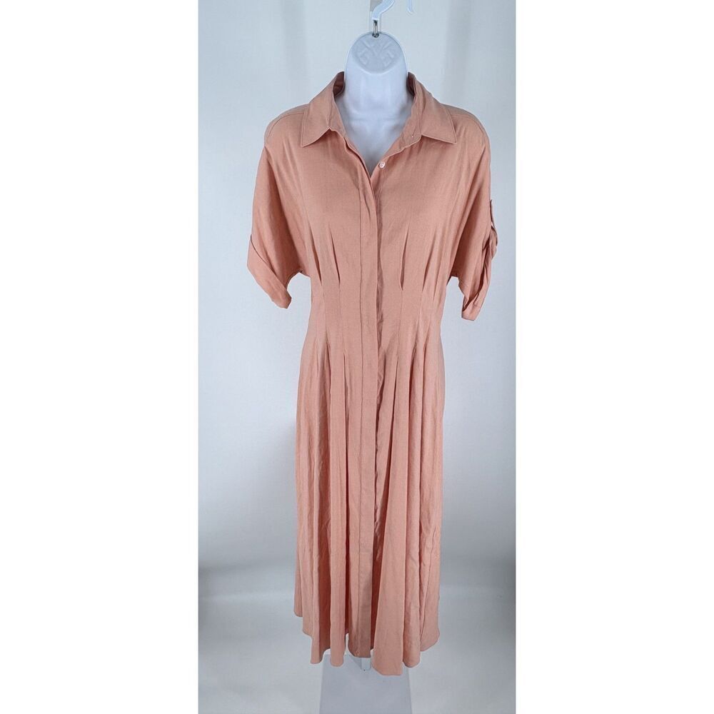 Veronica Beard Blush Pink Pleated Shirt Dress | Button Front Mid - Picture 3 of 12